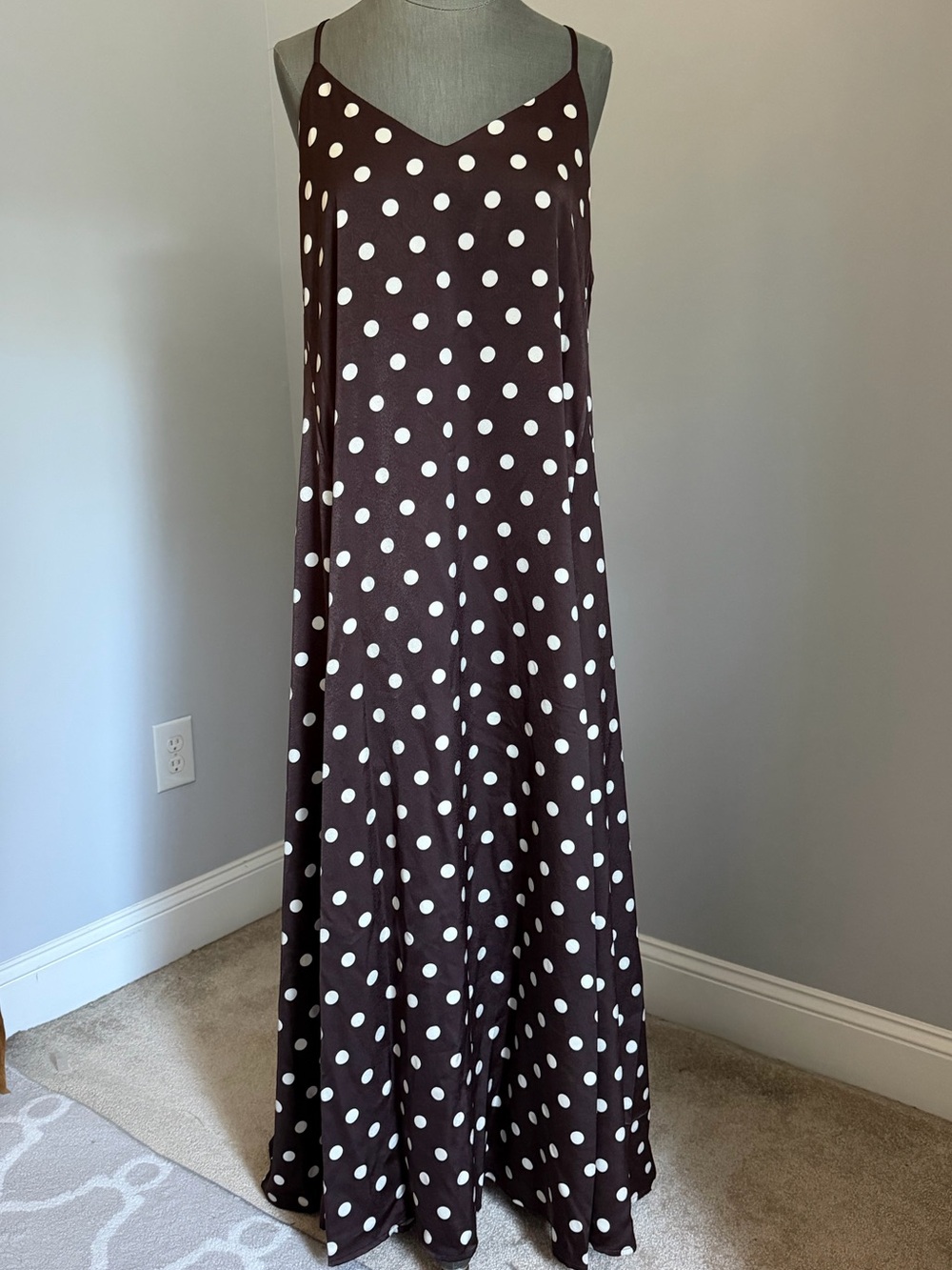 NWT Nicole Miller Vintage Inspired Brown Maxi Dress with White Polka Dots